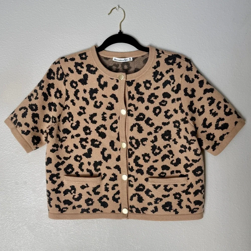 Abercrombie Leopard LuxeLoft Short-Sleeve Cardigan, M - Picture 3 of 6